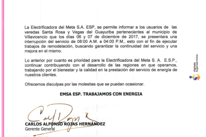 Suspensión del servicio de energía en veredas de Villavicencio