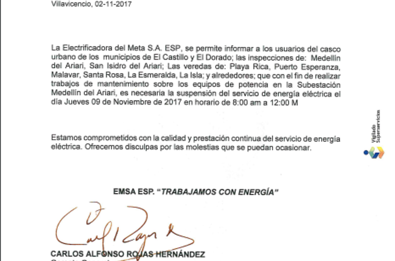 Suspensión del servicio de energía en El Castillo y El Dorado