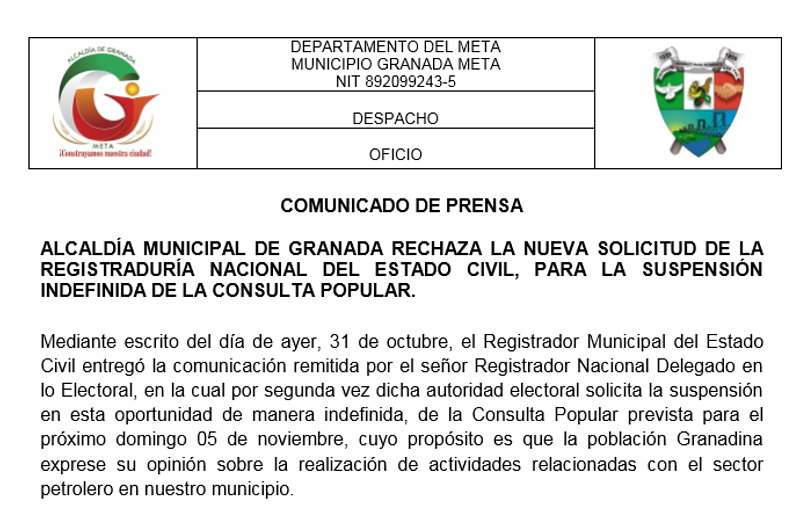 Alcaldía de Granada emite comunicado por Consulta Popular